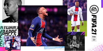 Collage of a football player celebrating and posing in various photos, shown in the FIFA 21 promotional artwork