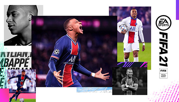 Collage of a football player celebrating and posing in various photos, shown in the FIFA 21 promotional artwork