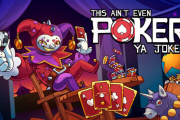Jester character sitting at a table holding cards and poker chips in the game This Ain’t Even Poker, Ya Joker