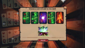 Card selection screen showing five upgrade cards to add to the deck in the game This Ain’t Even Poker, Ya Joker